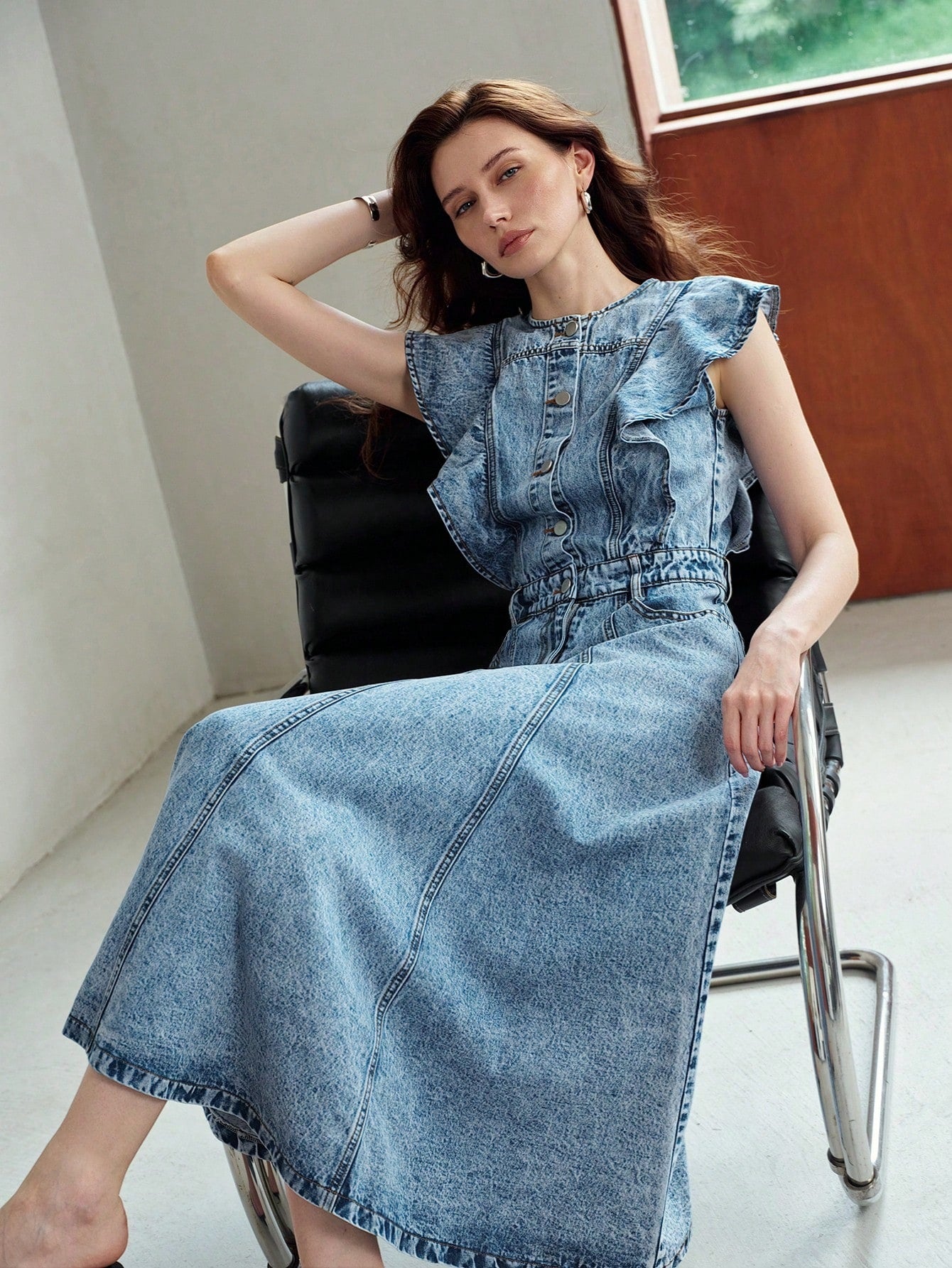 CM-DS145343 Women Elegant Seoul Style Round Neck Sleeveless Ruffle Trim Mid-Length Denim Dress - Blue