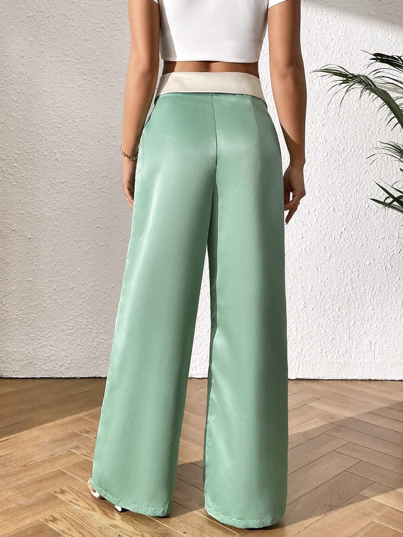 CM-BS322229 Women Elegant Seoul Style Fold Pleated Detail Wide Leg Pants - Green