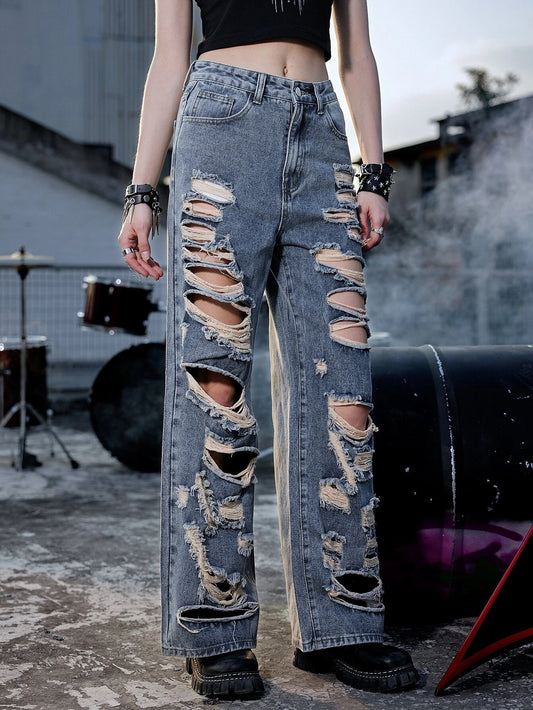 CM-BS274755 Women Preppy Seoul Style Dark Wash Punk Ripped Wide Leg Jeans
