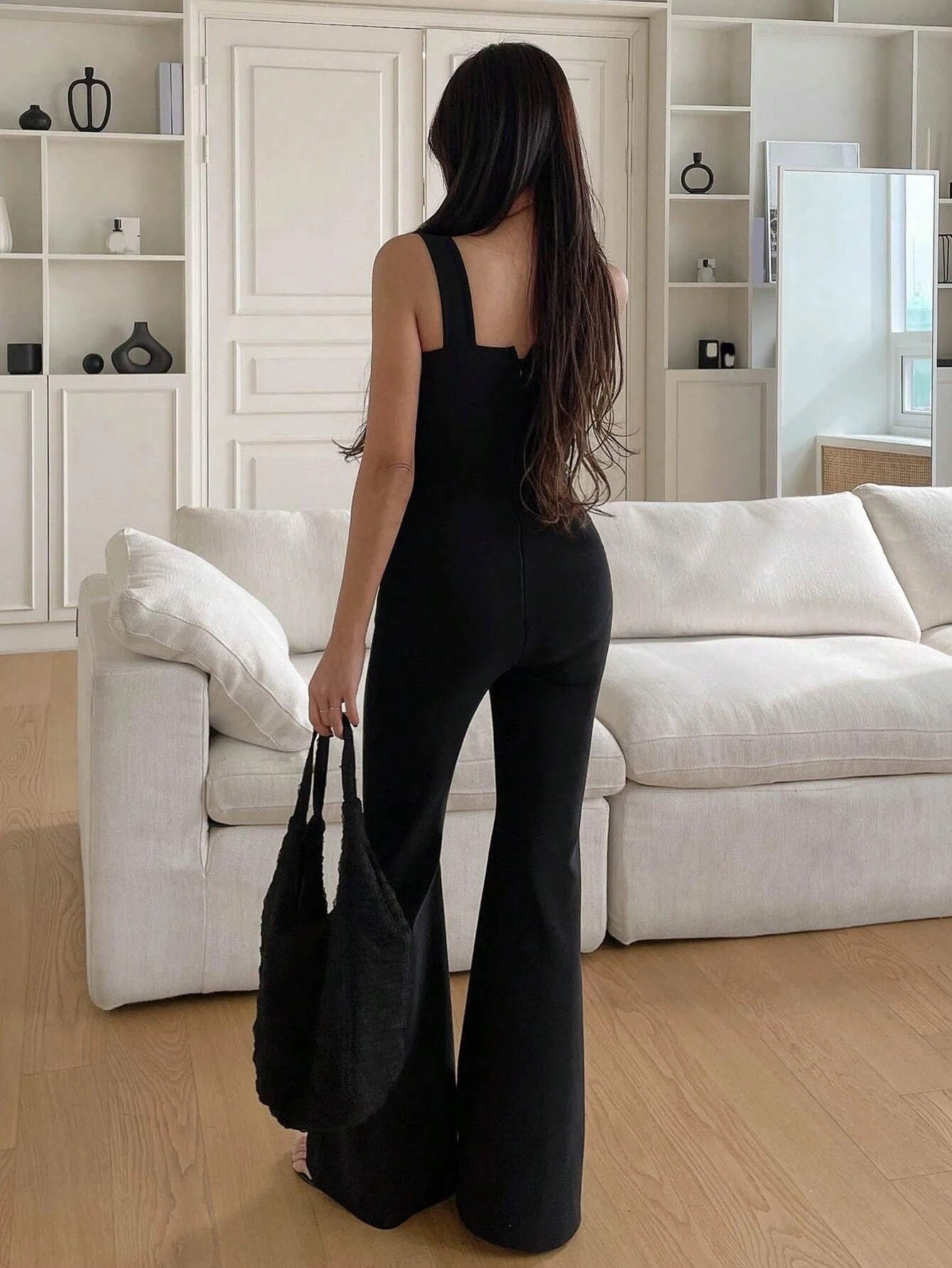 CM-JS241738 Women Elegant Seoul Style Solid Flare Leg Cami Jumpsuit - Black