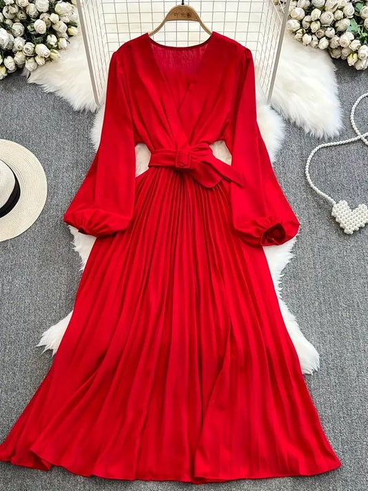 CM-DT212875 Women Elegant Seoul Style Deep V-Neck Long Sleeve Flowy Belted Maxi Dress - Red