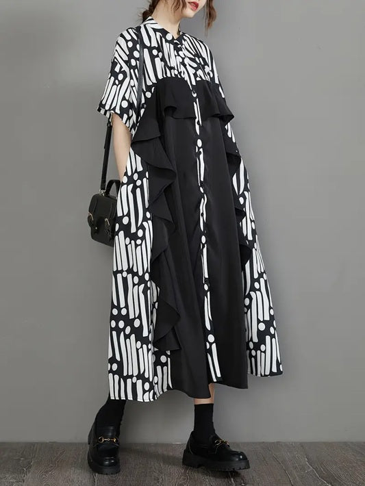 CM-DT232374 Women Casual Seoul Style Stand Collar Short Sleeve Ruffle Trim Color Block Loose Fit Dress