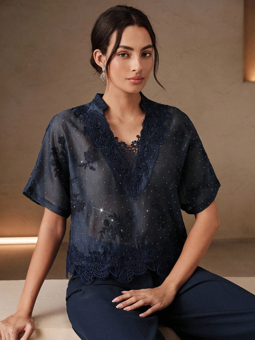 CM-TS225231 Women Elegant Seoul Style V-Neck Short Sleeve Mesh Rhinestone Lace Patchwork Blouse - Navy Blue
