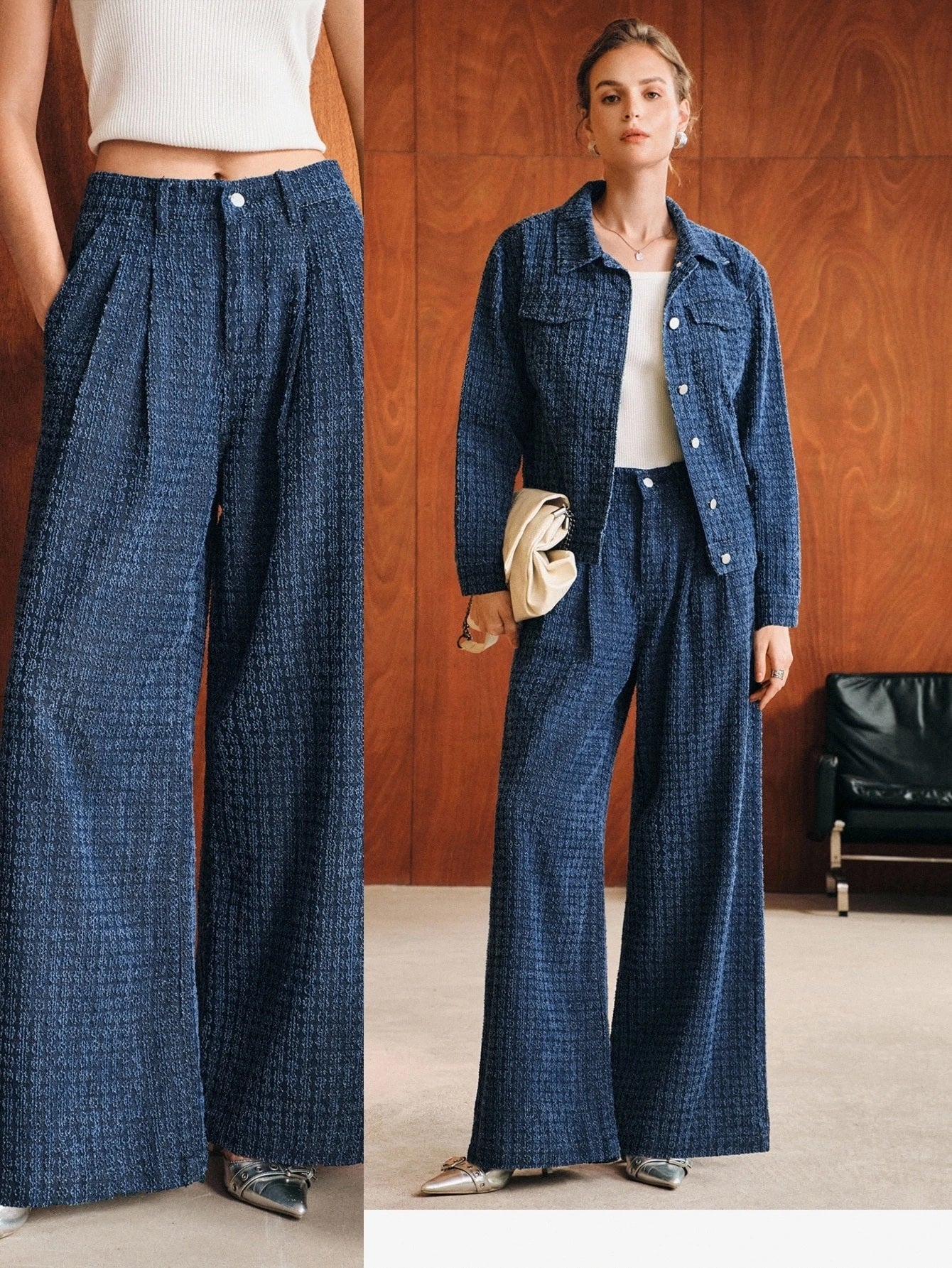 CM-BS945906 Women Elegant Seoul Style Mid Waist Pleated Wide Leg Loose Denim Jeans With Pockets - Navy Blue