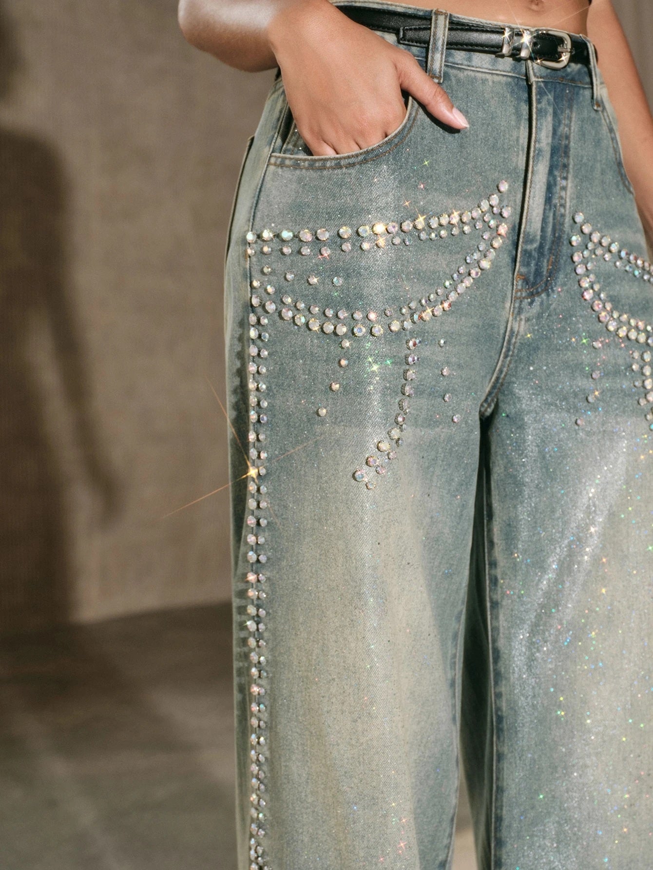 CM-BS803378 Women Casual Seoul Style Mid Waist Iridescent Rhinestone Straight Leg Jeans - Blue