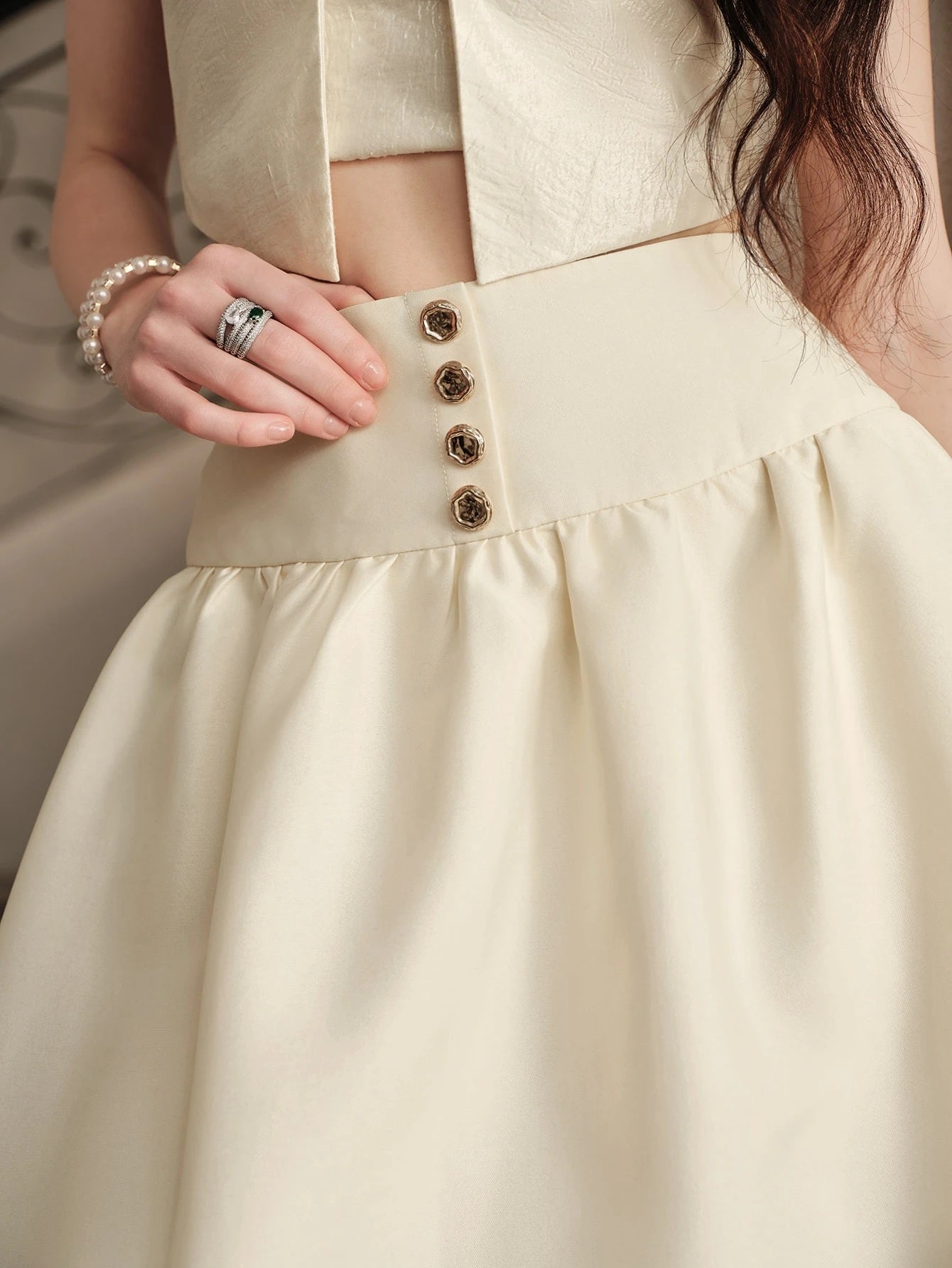CM-BS399699 Women Elegant Seoul Style Mid Waist Ruched A-Line Flared Long Skirt - Apricot