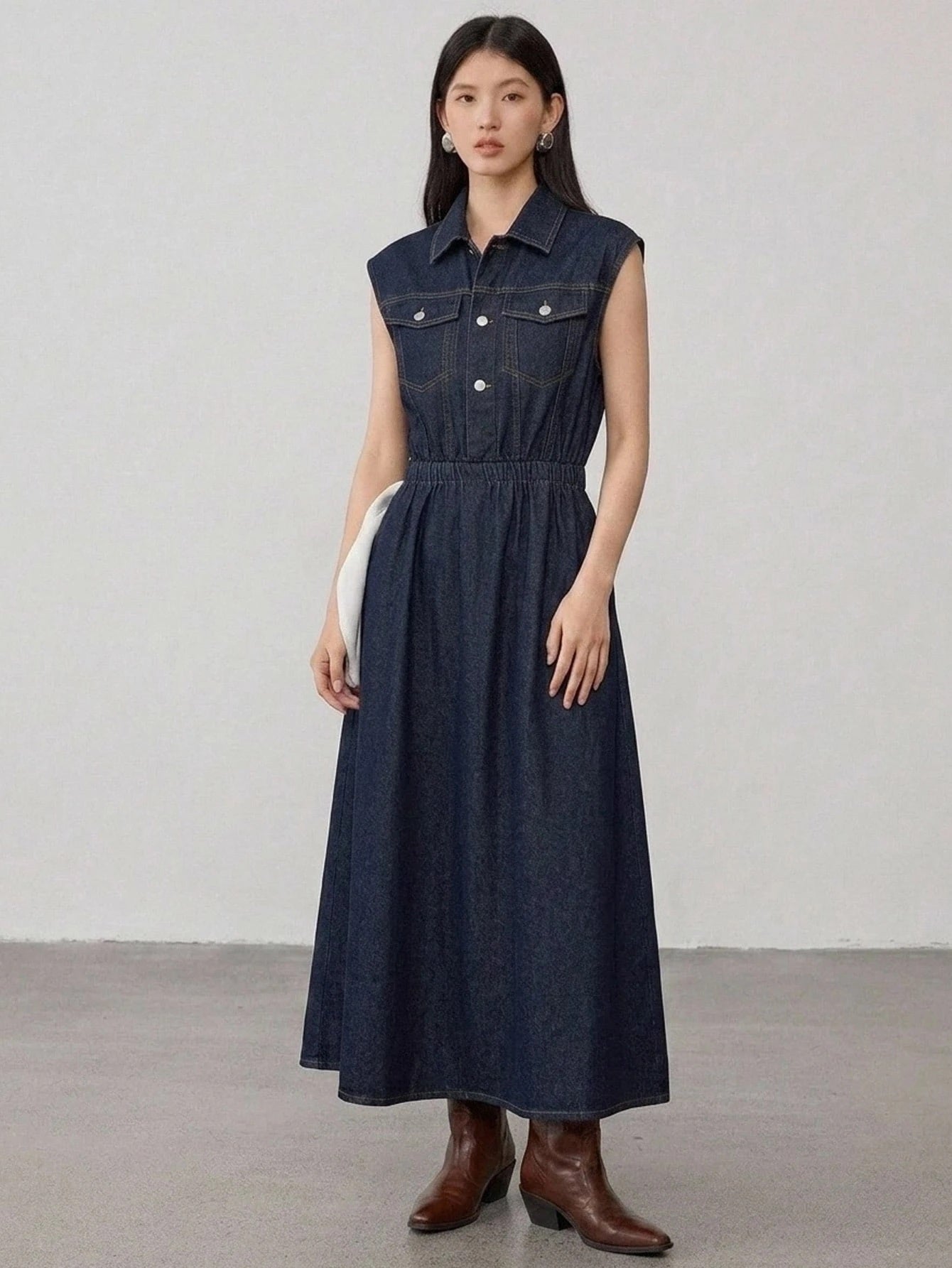 CM-DS131025 Women Casual Seoul Style Dark Wash Collared Sleeveless Button-Up Big Pocket Cinched Waist Denim Dress