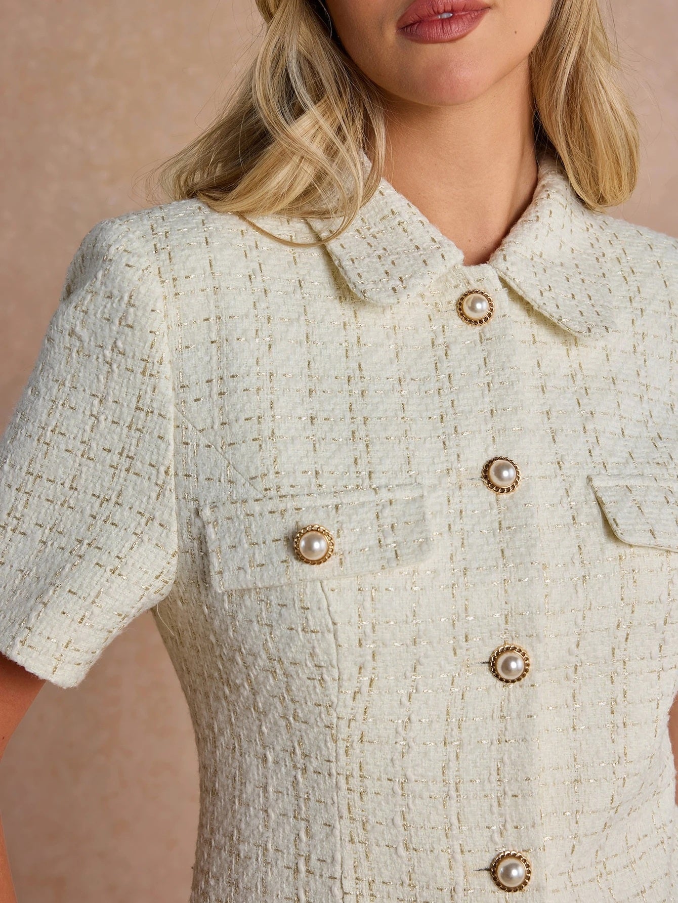 CM-DS977443 Women Elegant Seoul Style Collar Neckline Short Sleeve High Waist Sequin Tweed Midi Dress