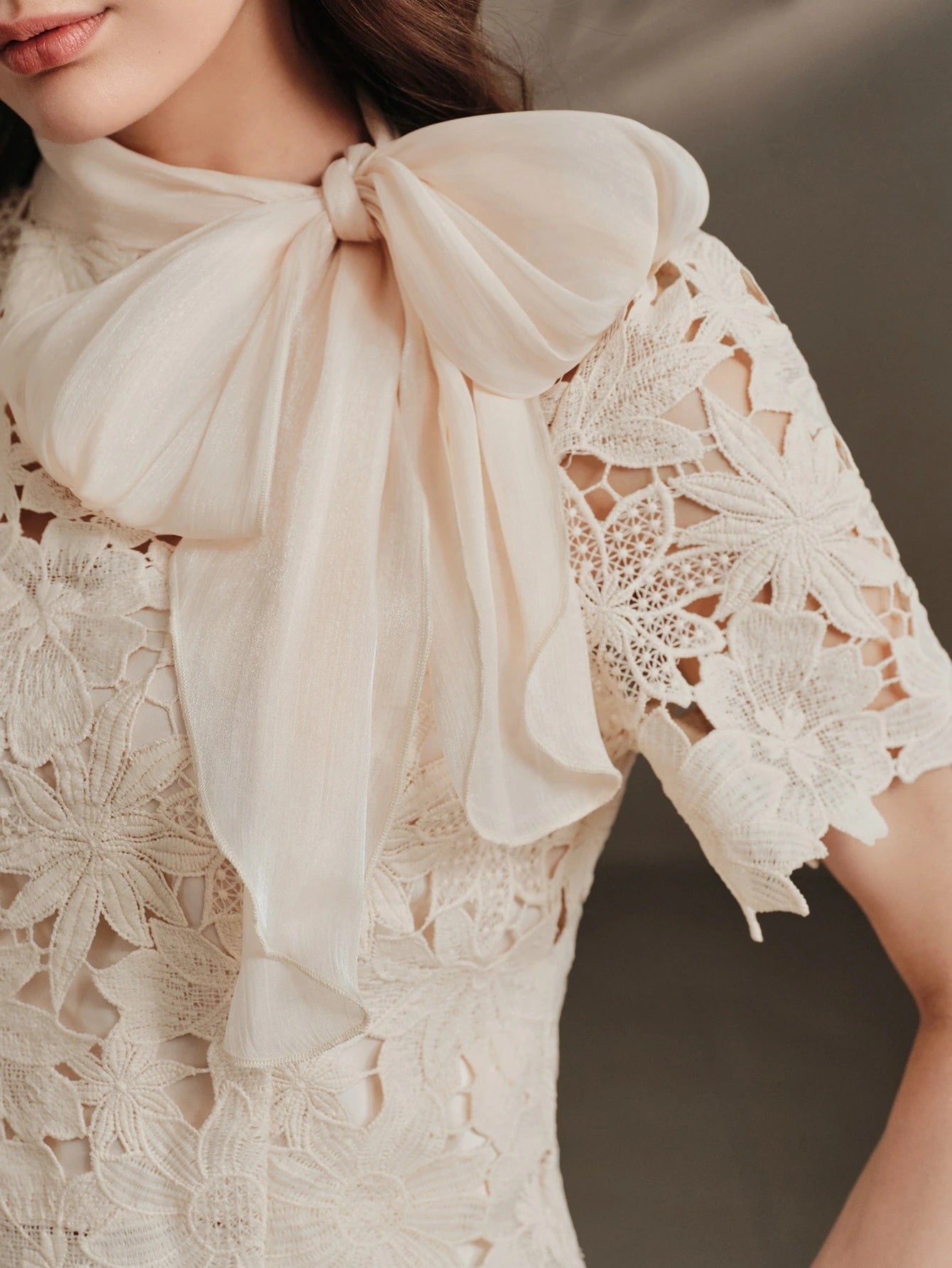 CM-TS163047 Women Elegant Seoul Style Tie Neck Puff Sleeve Hollow Lace Bowknot Blouse - Apricot