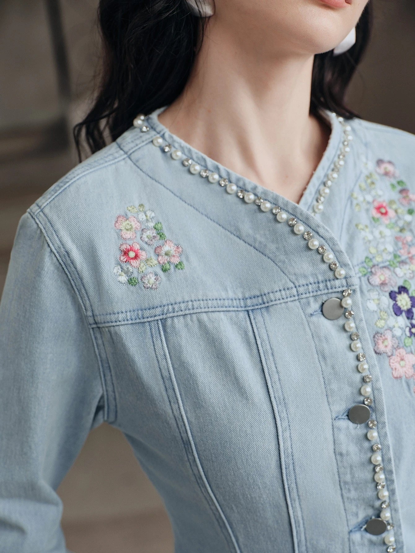 CM-CS891801 Women Elegant Seoul Style Stand Collar Long Sleeve Floral Embroidery Slim Fit Jacket - Blue