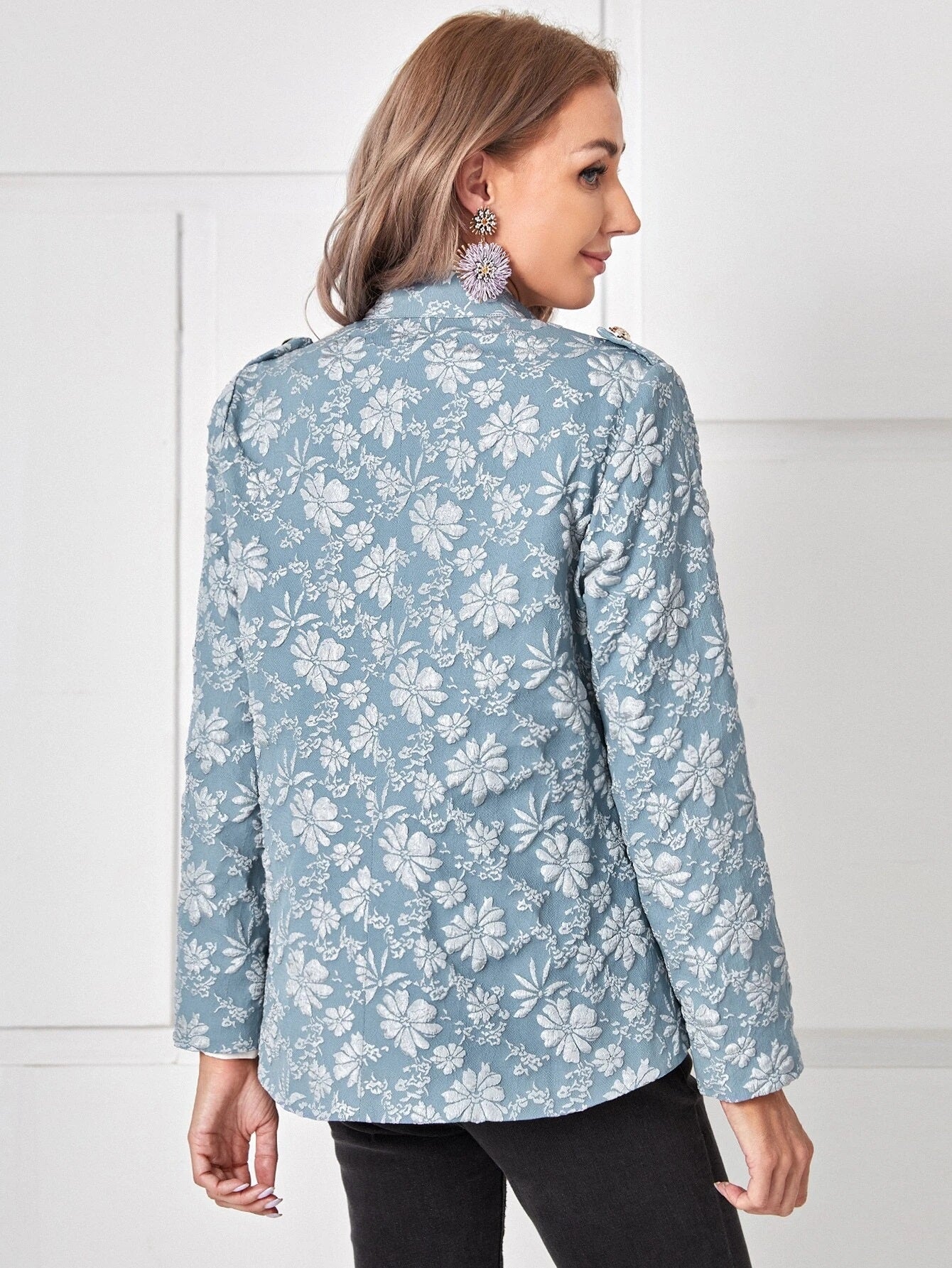 CM-CS144104 Women Elegant Seoul Style Long Sleeve Allover Floral Print Jacket - Blue