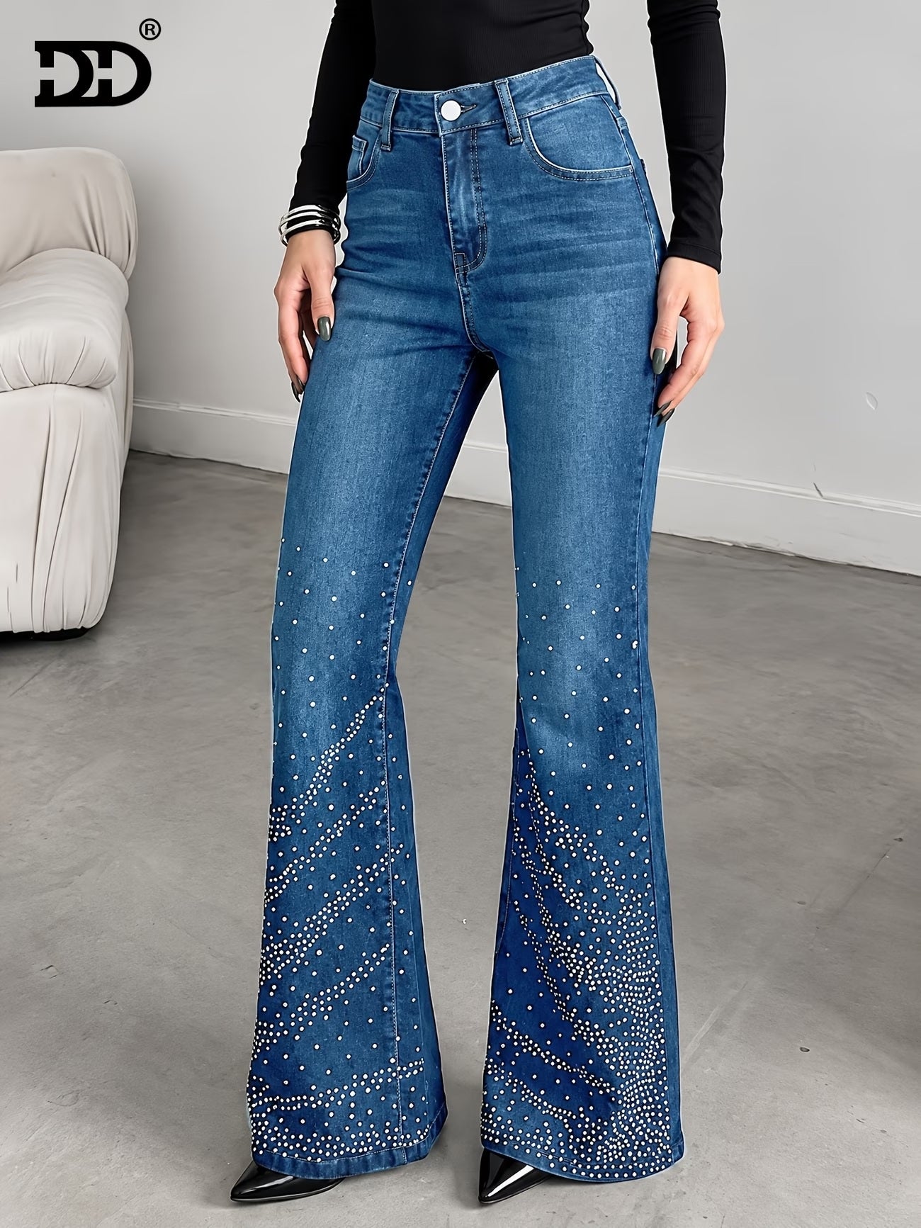 CM-BT960384 Women Casual Seoul Style Medium Wash Rhinestone-Embellished Flared Jeans
