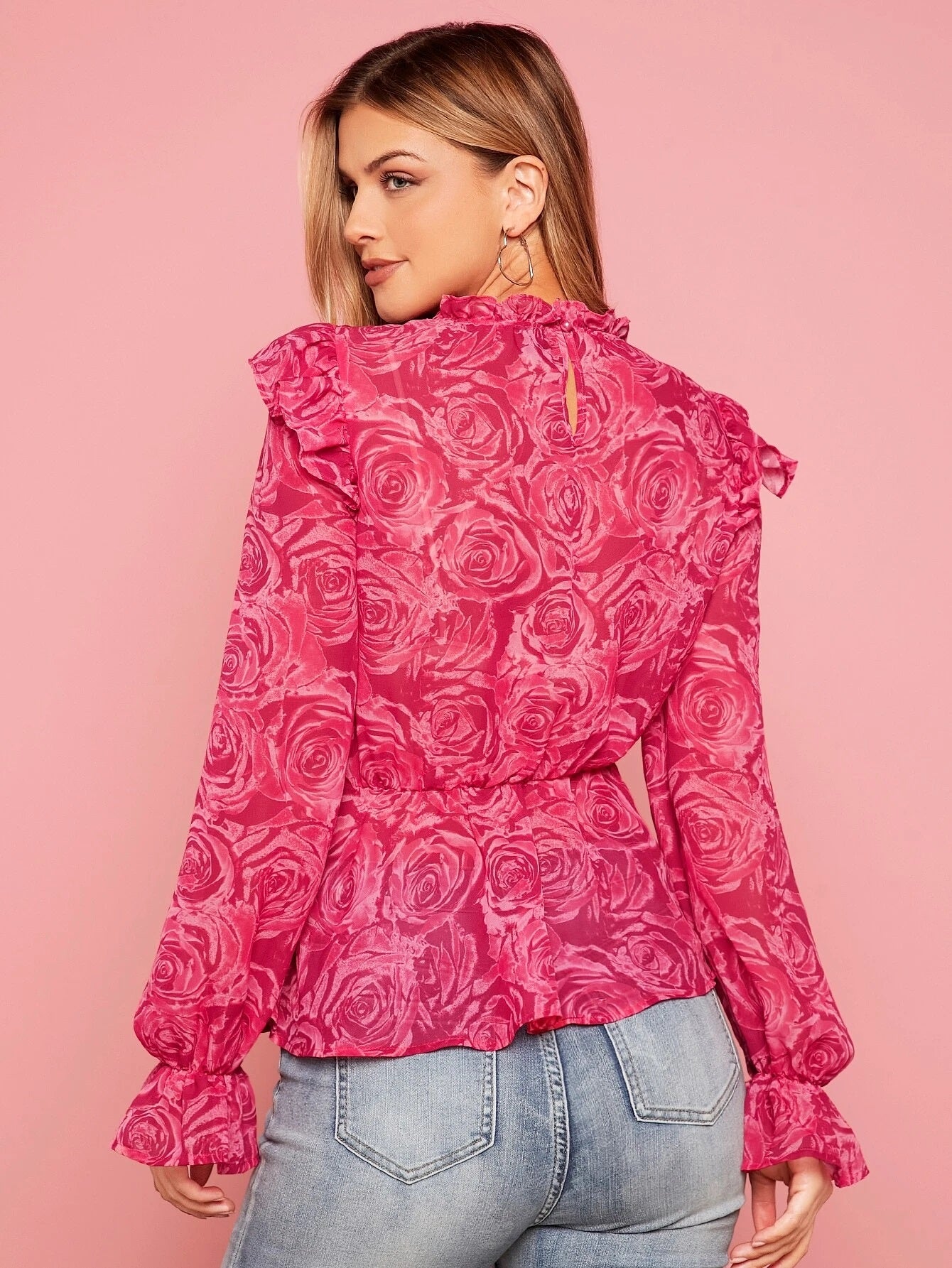 CM-TS814000 Women Casual Seoul Style Floral Print Ruffle Trim Flounce Sleeve Peplum Blouse