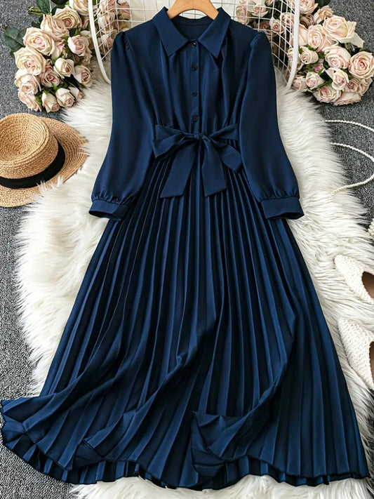 CM-DT360906 Women Elegant Seoul Style Collar Neckline Tie Waist Belt Long Sleeve Pleated Midi Dress  - Navy Blue