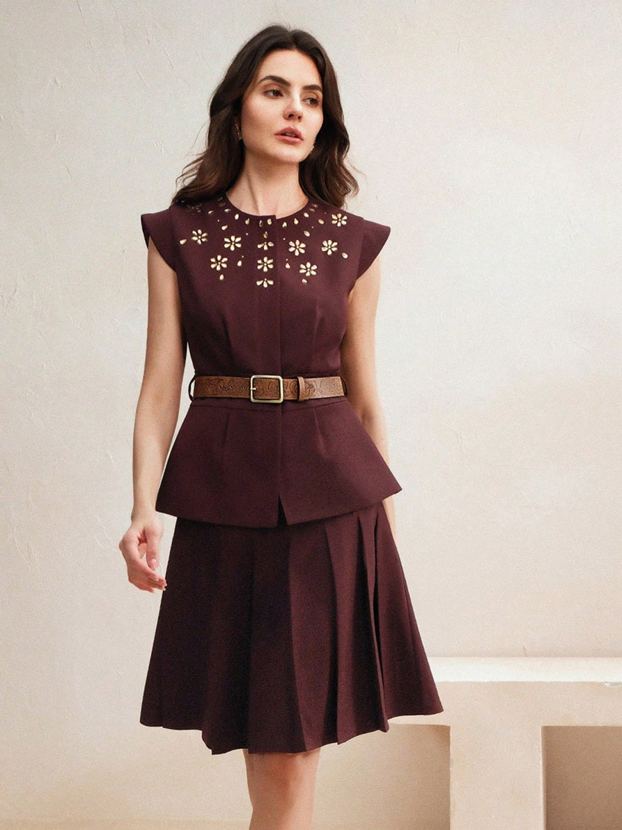 CM-SS912249 Women Elegant Seoul Style Round Neck Cap Sleeve Waist Belt Pleated Embellished Top With Midi Skirt - Set