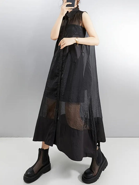 CM-DT427899 Women Elegant Seoul Style Collar Neckline Sleeveless Organza Vest Loose Fit Dress - Black