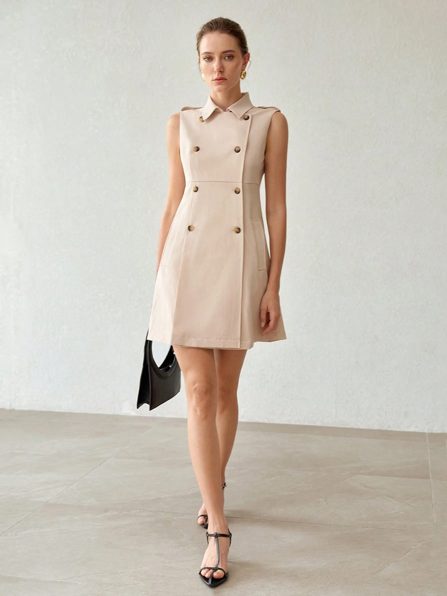 CM-DS190152 Women Elegant Seoul Style Collar Neckline Sleeveless Scarf Detail Double-Breatsted Dress - Apricot