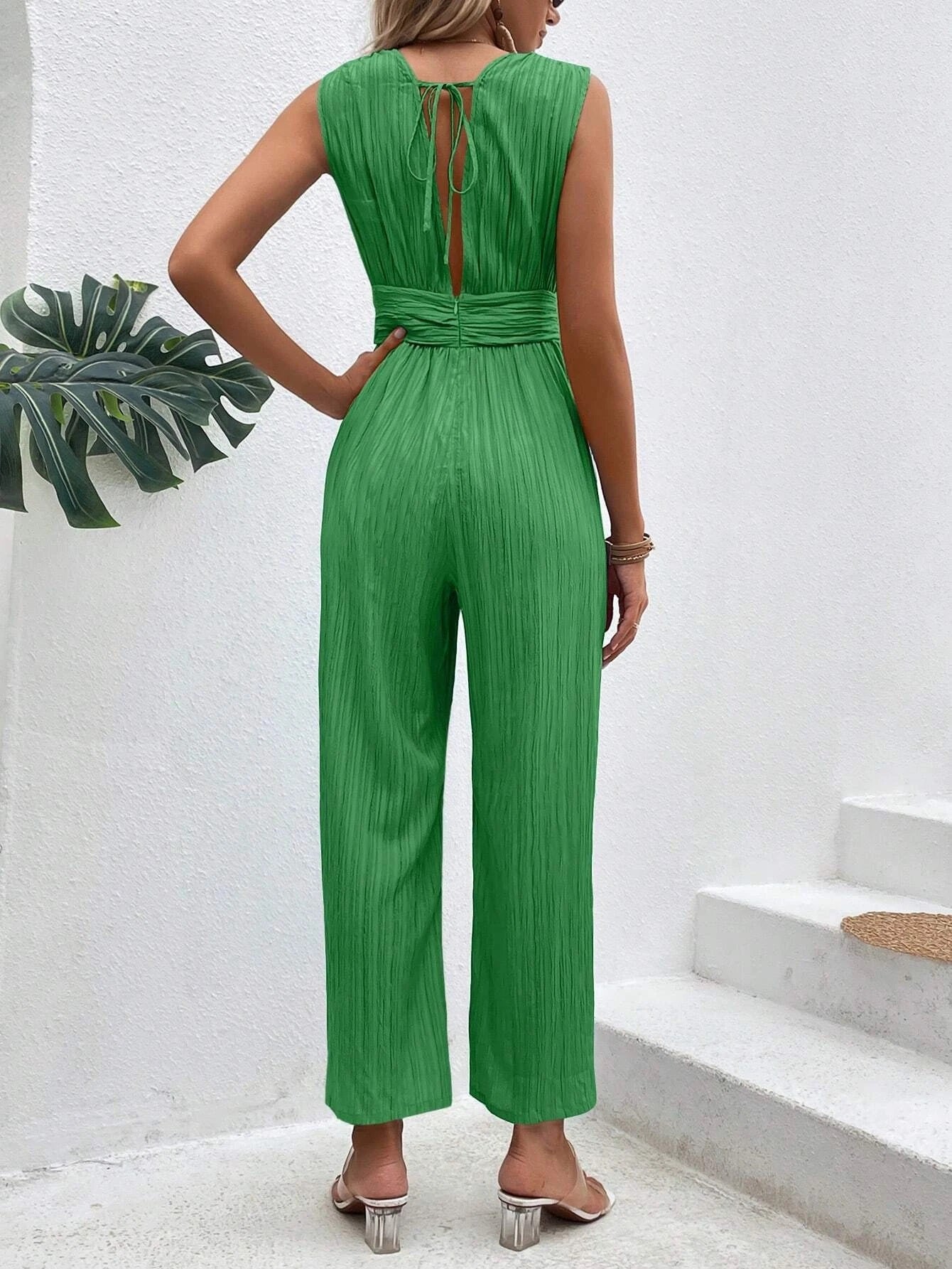 CM-JS794002 Women Casual Seoul Style Plunging Neck Tie Back Wide Leg Jumpsuit - Green