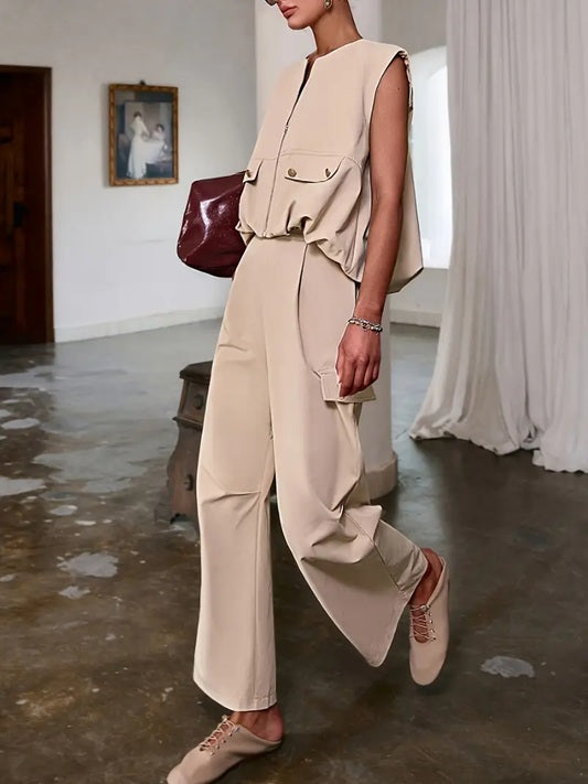 CM-ST460904 Women Elegant Seoul Style Solid Color Sleeveless V-Neck Button Details Drawstring Vest With Pants - Set