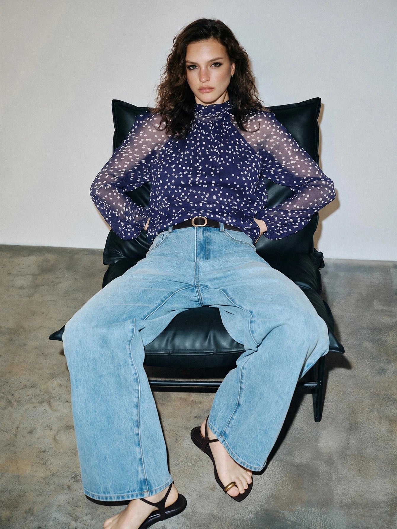 CM-TS293087 Women Elegant Seoul Style Bow Tie Long Sleeve Polka Dot Chiffon Loose Fit Blouse - Navy Blue