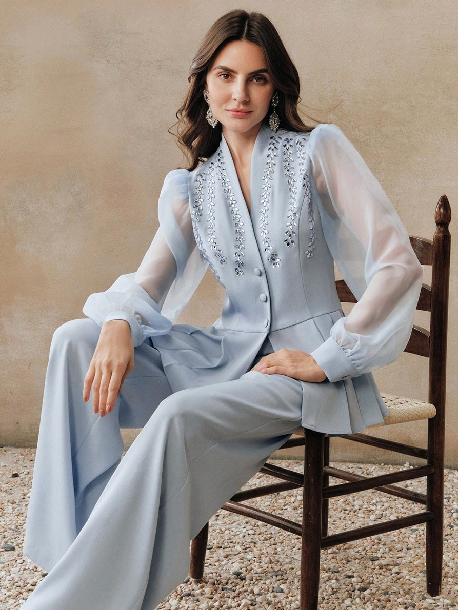 CM-SS511976 Women Elegant Seoul Style Shawl Collar Mesh Long Sleeve Rhinestone Fitted Blouse With Straight Leg Pants - Set