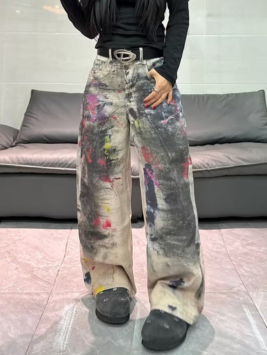 CM-BT477920 Women Casual Seoul Style Mid Waist 3D Printed Graffiti Loose-Fit Wide Leg Jeans