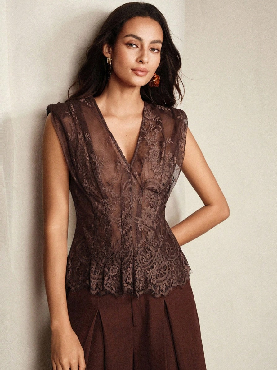 CM-TS367265 Women Elegant Seoul Style V-Neck Sleeveless Semi-Transparent Lace Tank Top - Brown