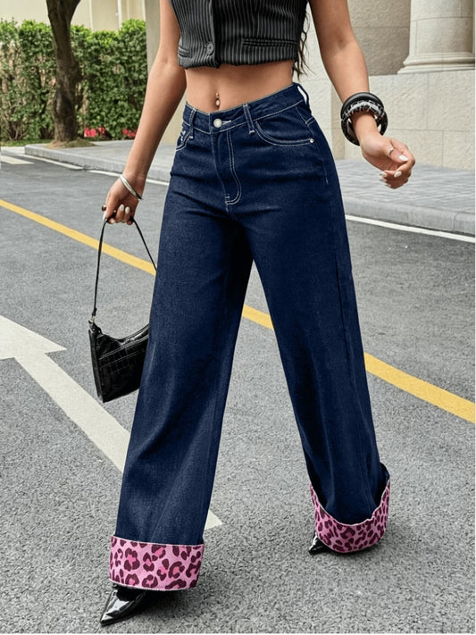 CM-BT353519 Women Casual Seoul Style Leopard Print Loose-Fitting Wide-Leg Jeans - Blue