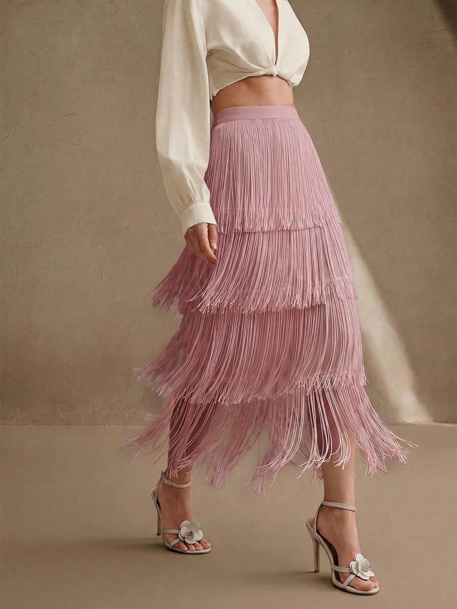 CM-BS707440 Women Elegant Seoul Style High Waist Tiered Layered Tassel Midi Skirt - Pink