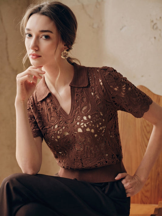 CM-TS283817 Women Elegant Seoul Style Hollow Floral Polo Collar Short Sleeve Knit Top - Chocolate Brown