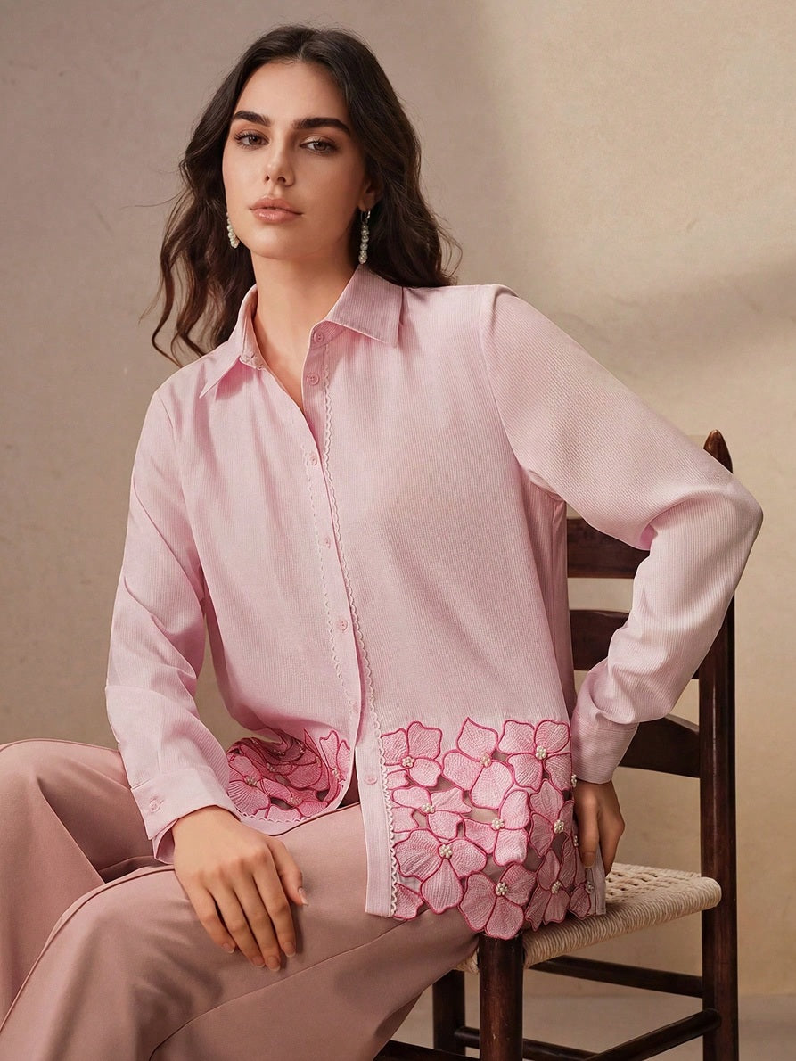 CM-TS844631 Women Elegant Seoul Style Shirt Collar Long Sleeve Hollow Out Asymmetrical Floral Print Top - Pink