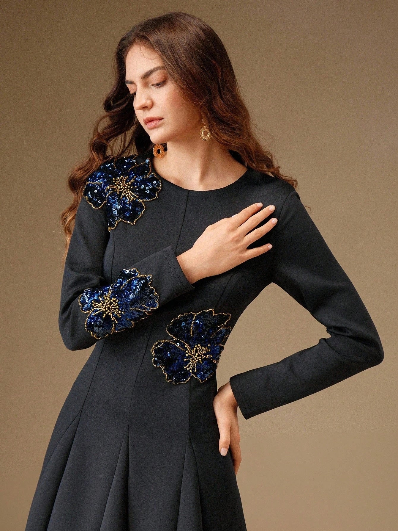 CM-DS316466 Women Elegant Seoul Style Round Neck Long Sleeve High Waist Beaded Floral Pattern Dress - Blue