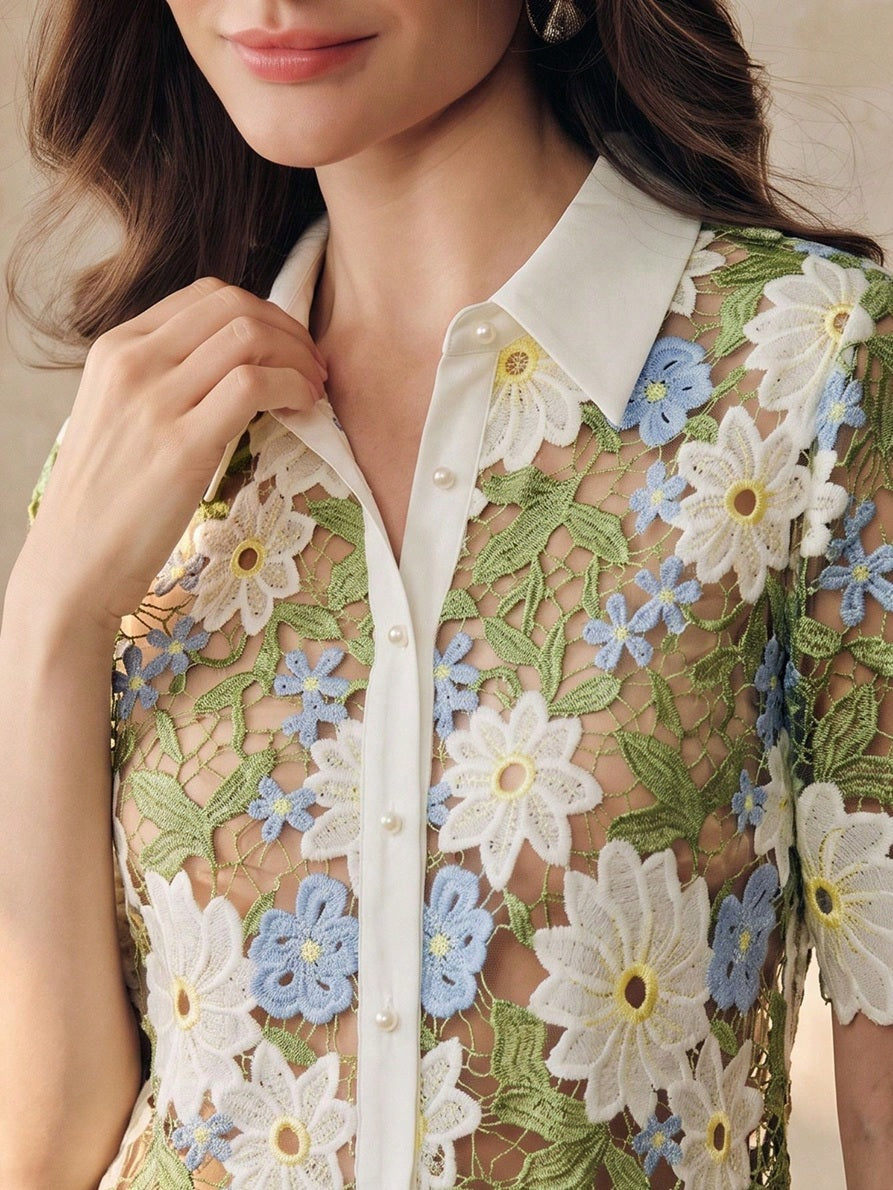 CM-TS121784 Women Elegant Seoul Style Hollow Floral Shape Pattern Short Sleeve Half-Round White Pearl Button Shirt
