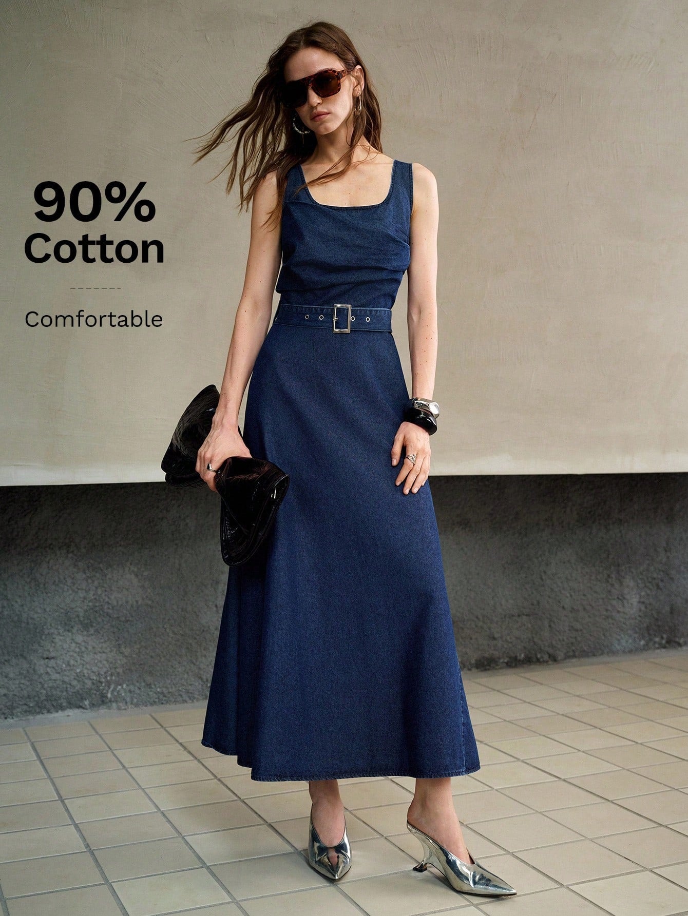 CM-DS408513 Women Elegant Seoul Style Square Neck Sleeveless Asymmetric Pleated Waist Flared Denim Dress - Blue