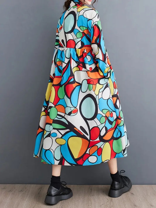 CM-DT105914 Women Casual Seoul Style Geometric Pattern Collar Neckline Long Sleeve Asymmetrical Hem Dress