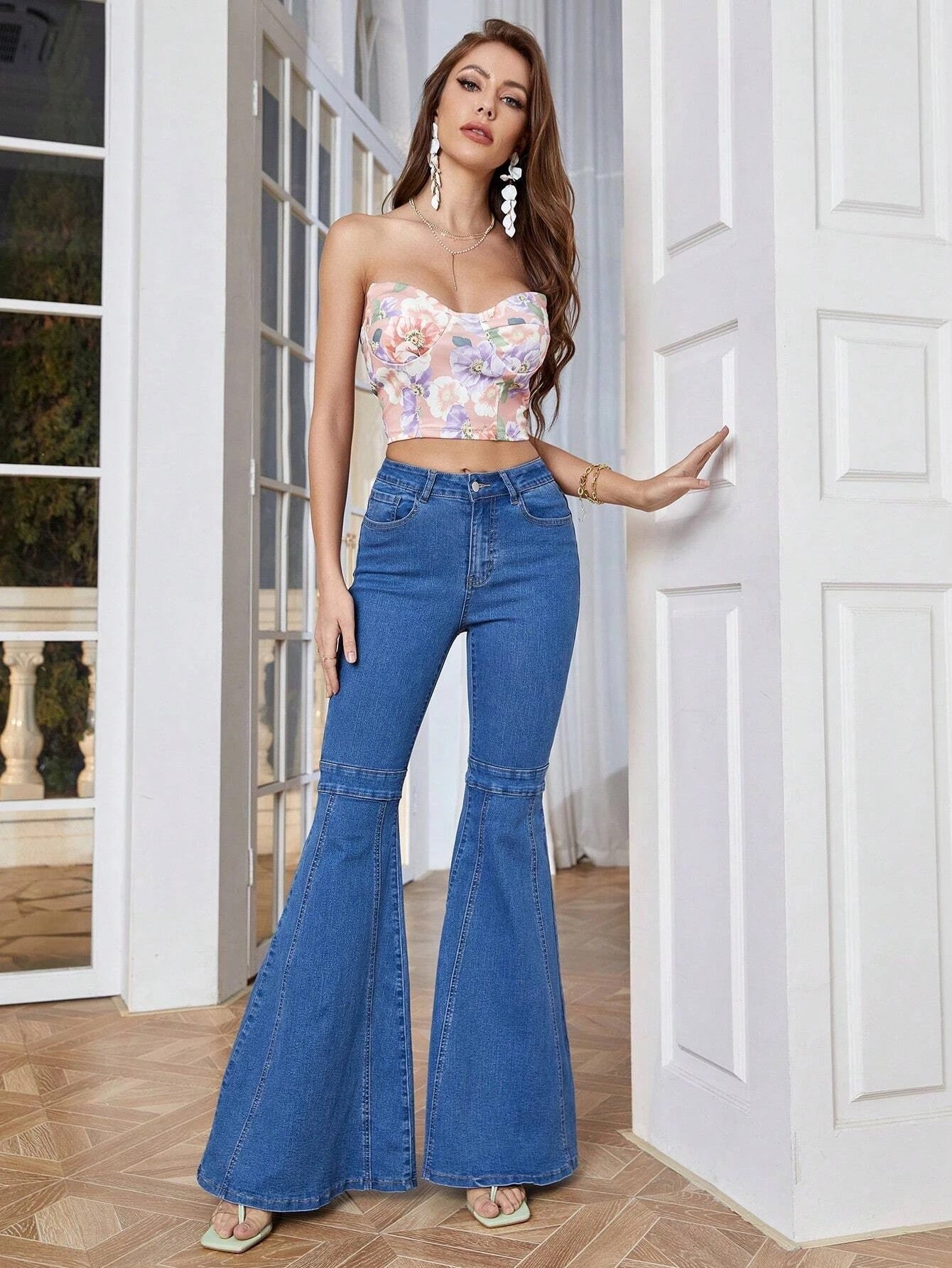 CM-BS033040 Women Preppy Seoul Style Medium Wash High Waist Flare Leg Jeans