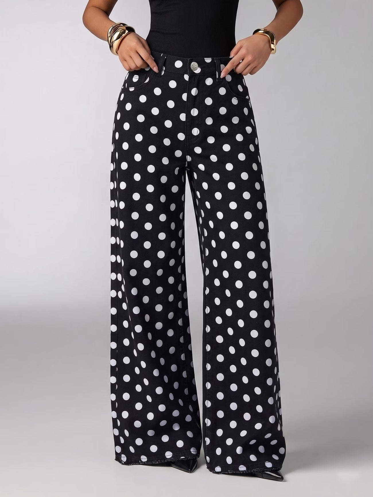 CM-BT186590 Women Casual Seoul Style High Waist Polka Dot Straight-Leg Long Jeans - Black