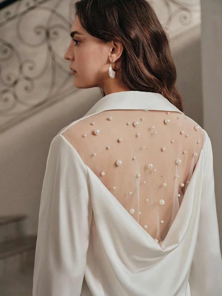 CM-TS816237 Women Elegant Seoul Style Collar Neckline Long Sleeve Backless Pearl Blouse - White