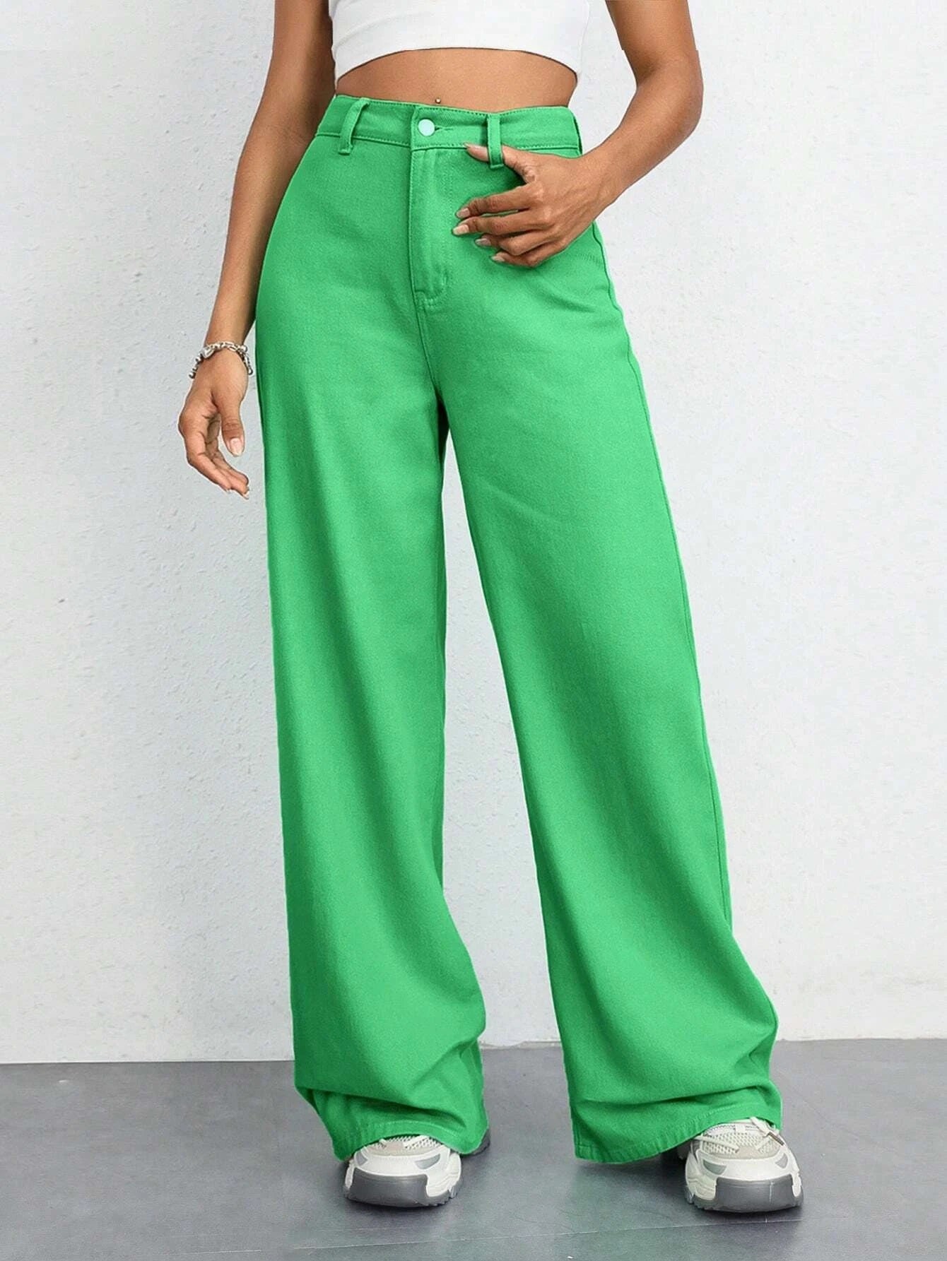 CM-BS663477 Women Casual Seoul Style High Waist Solid Wide Leg Jeans - Green