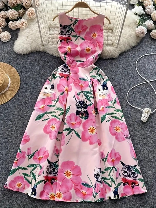 CM-DT690653 Women Elegant Seoul Style Floral Print Round Neck Sleeveless High Waist A-Line Dress - Pink