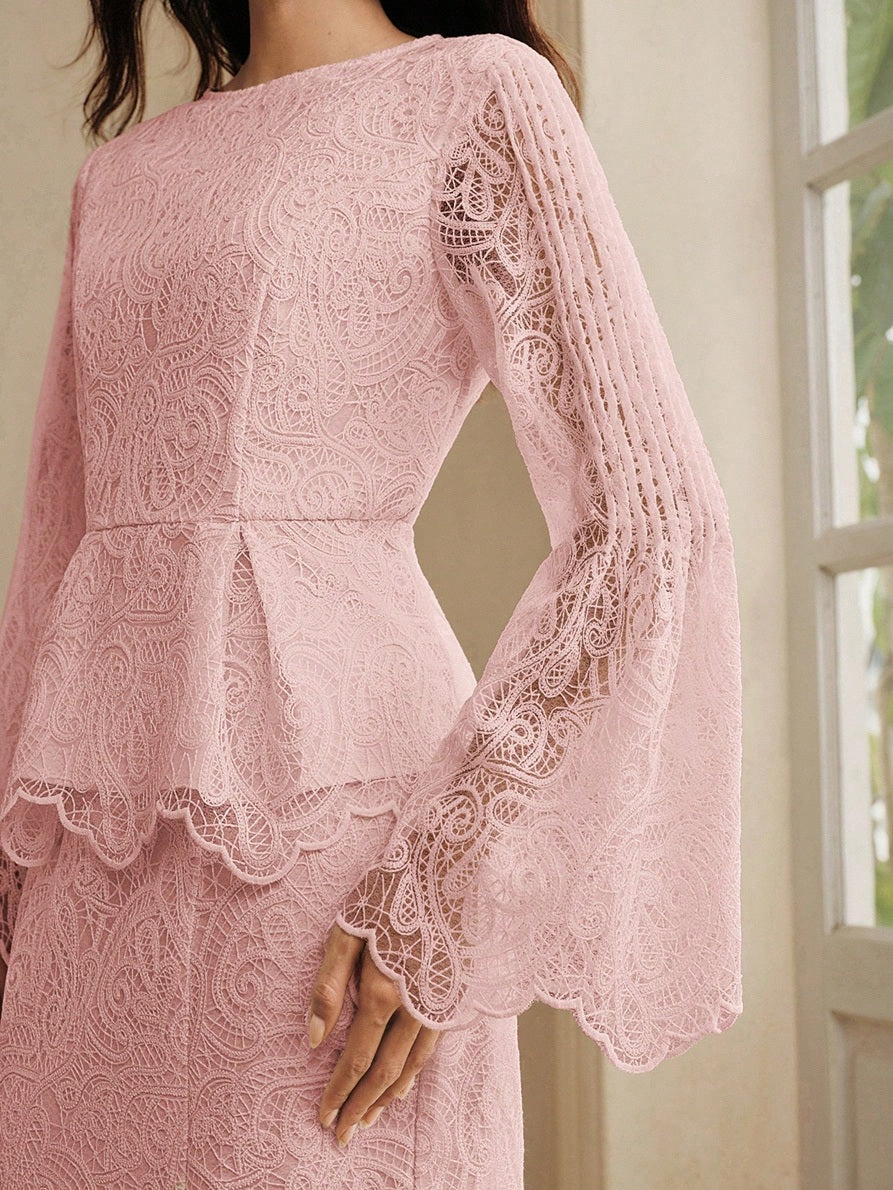 CM-TS532364 Women Elegant Seoul Style Round Neck Lace Bell Extra Long Sleeve Top - Pink