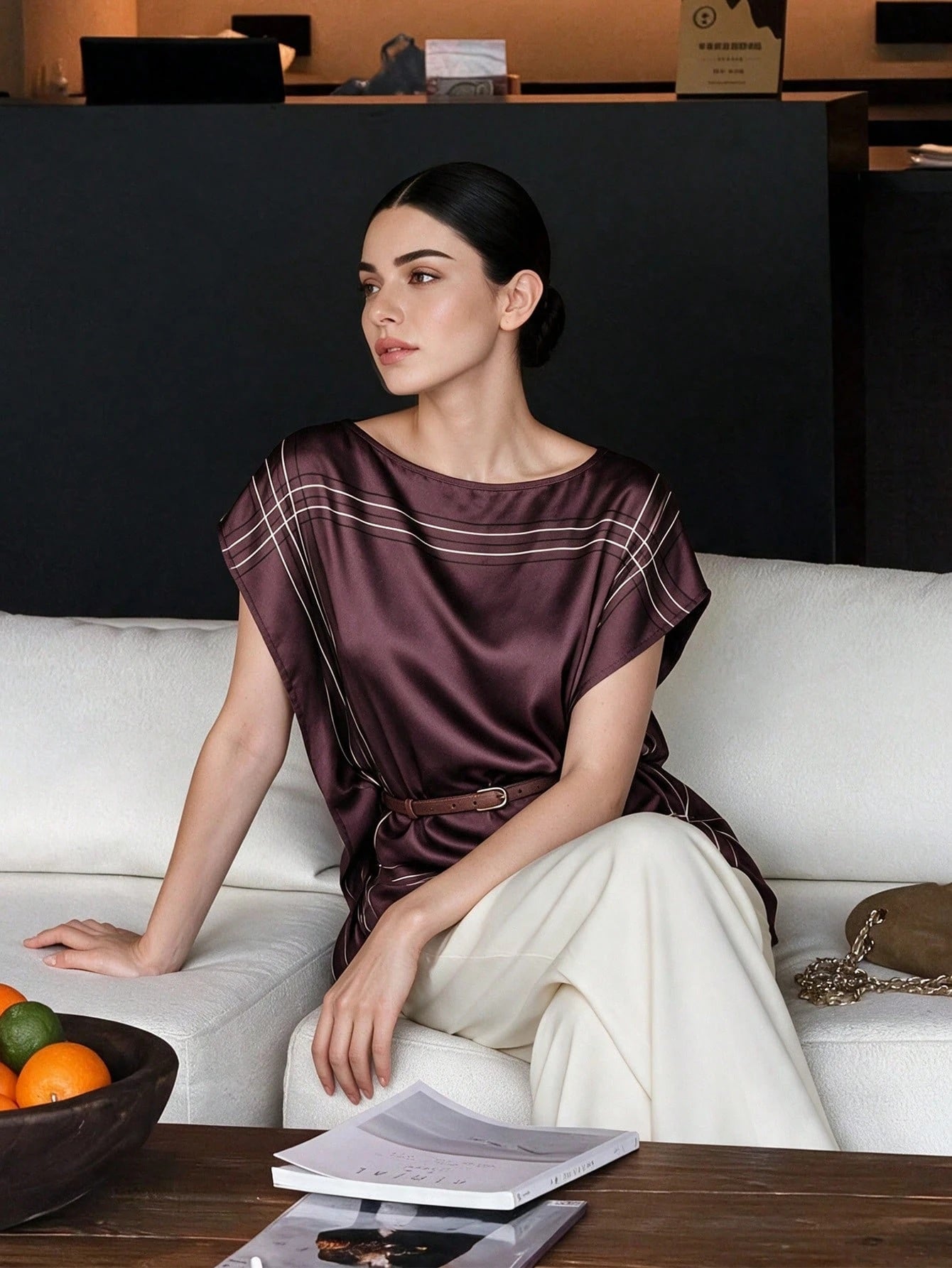 CM-TS644206 Women Elegant Seoul Style Round Neck Scarf-Like Texture Top With Belt Detail - Purple