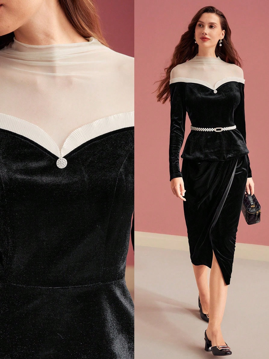 CM-TS319944 Women Elegant Seoul Style Stand Collar Long Sleeve Colorblock Contrast Mesh Velvet Top