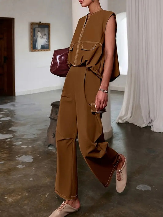 CM-ST460904 Women Elegant Seoul Style Solid Color Sleeveless V-Neck Button Details Drawstring Vest With Pants - Set