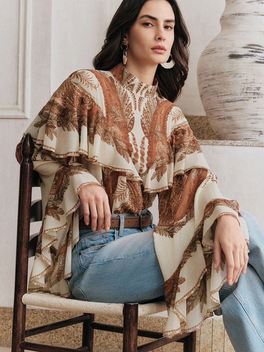 CM-TS528762 Women Trendy Bohemian Style Mock Necl Long Sleeve Plants Print Loose Blouse
