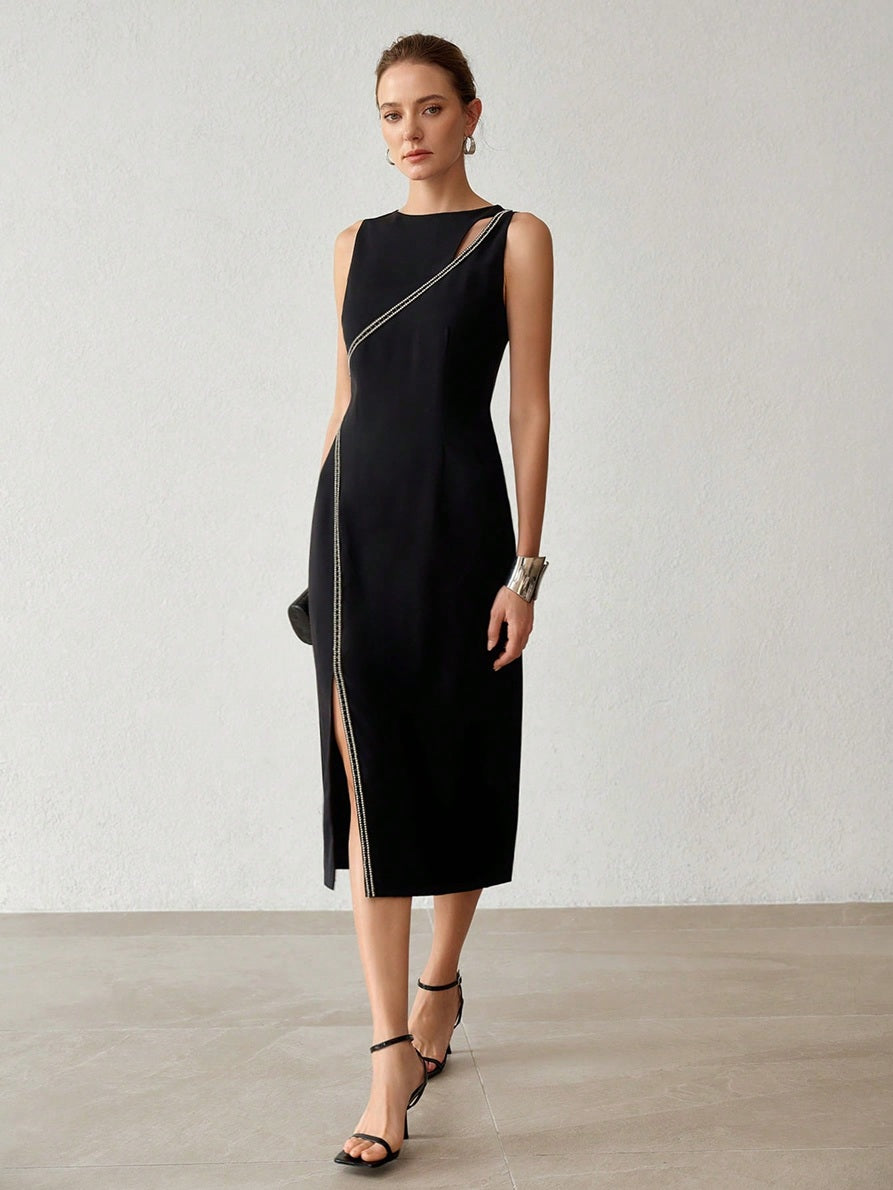 CM-DS026972 Women Elegant Seoul Style Round Neck Sleeveless Faux Pearl Decor Hollow Out High Slit Hem Dress - Black
