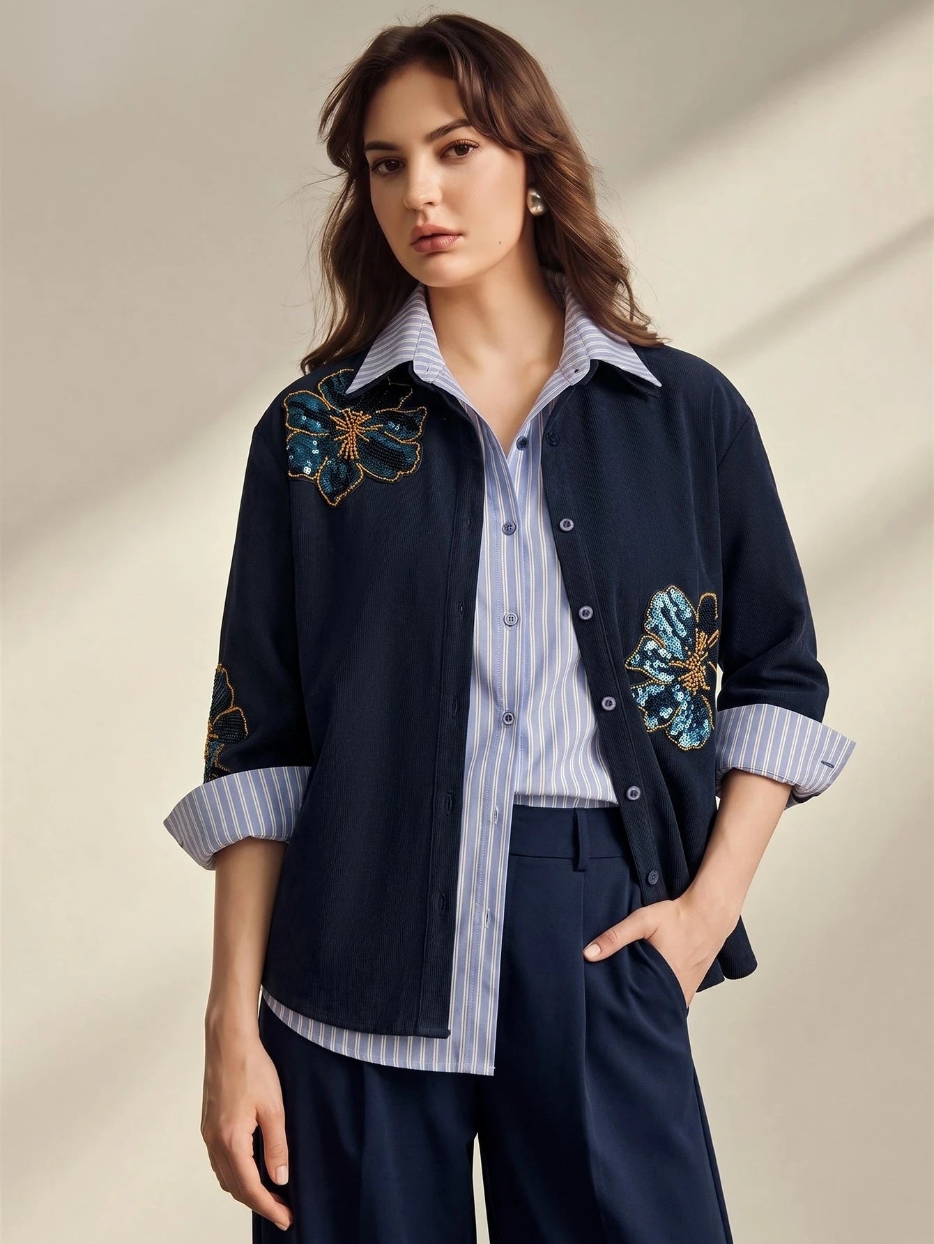 CM-TS565155 Women Elegant Seoul Style Striped Corduroy 2 In 1 Design Embroidery Applique Loose Fit Blouse