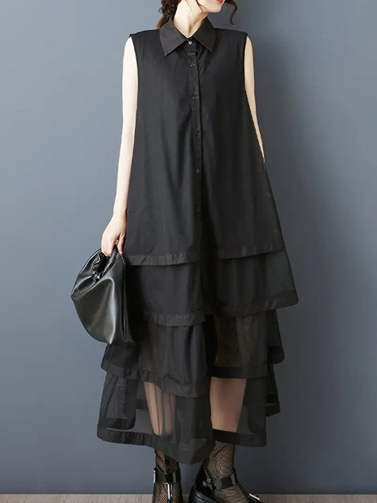 CM-DT033674 Women Casual Seoul Style Collar Neckline Button Front Sleeveless A-Line Shirt Dress - Black