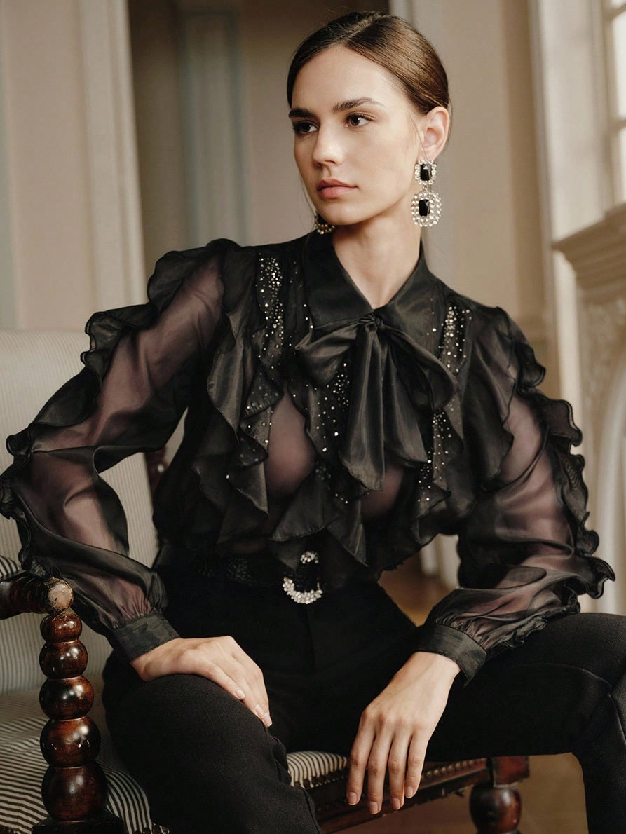 CM-TS616771 Women Elegant Seoul Style Chiffon Collar Neckline Long Sleeve Rhinestone Embellished Ruffle Blouse