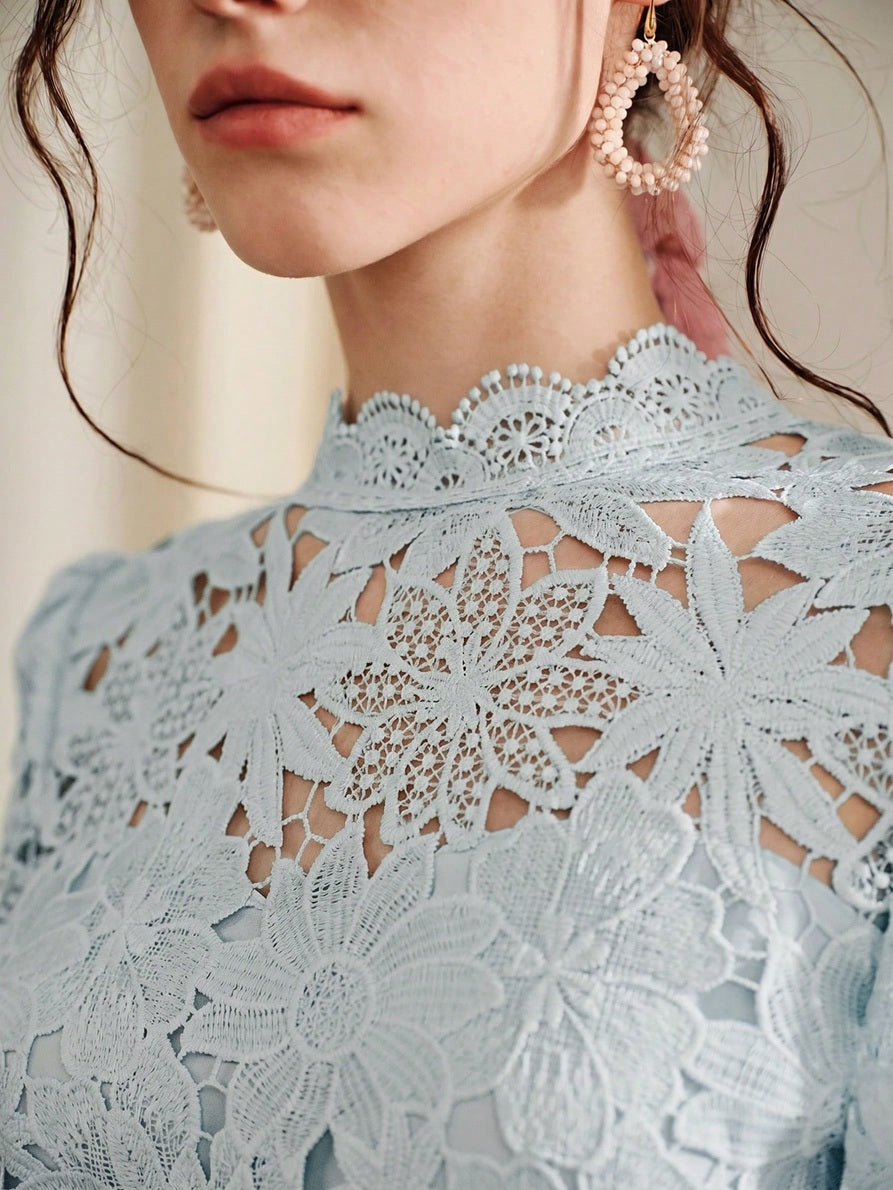 CM-TS859130 Women Elegant Seoul Style Collar Lace Cropped Floral Hollow Out Puff Sleeve Top - Dusty Blue